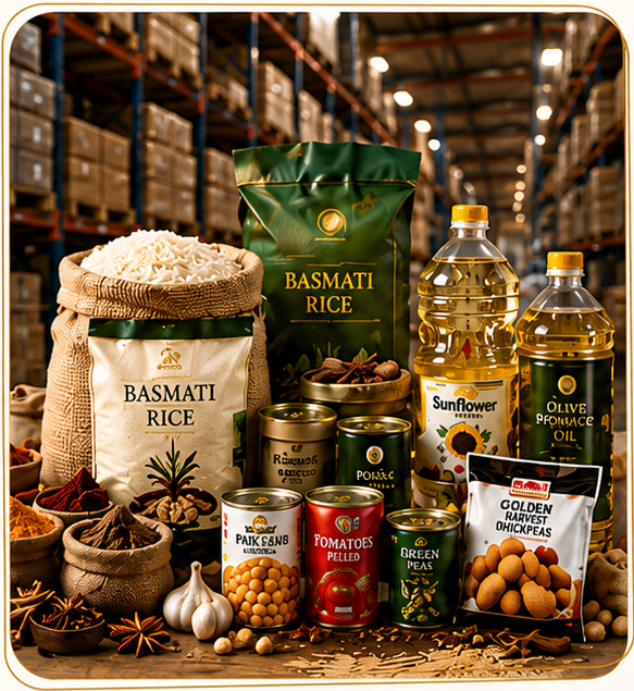 Foodstuff trading products in warehouse