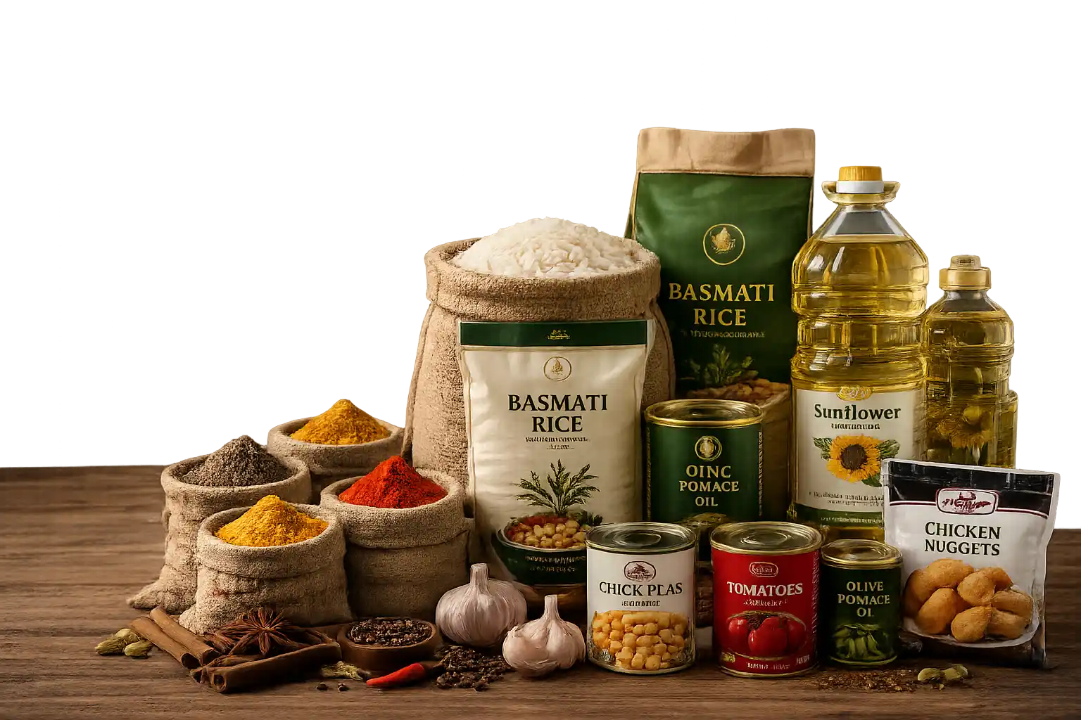 Foodstuff product range including rice, oils, cans, spices and frozen products